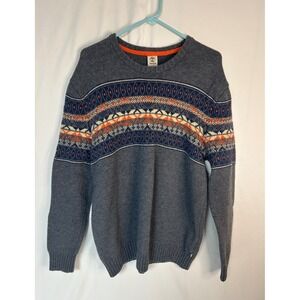 Timberland Mens XL 100% Lambswool Fair Isle Crewneck Sweater Gray Orange Knit